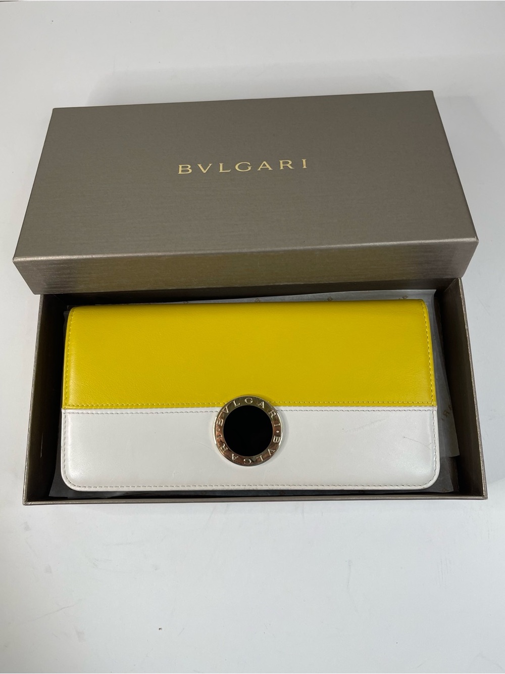 BVLGARI yellow and white leather logo clip flap long wallet